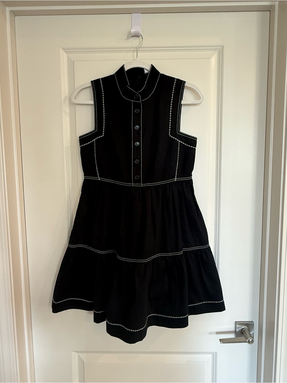 HUNTER BELL Black Cotton Sleeveless Tiered Dress with White Stitching